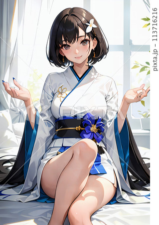 和室の光の中で微笑む現代の美少女 113716216