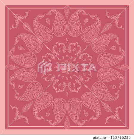 Monochrome pink scarf or bandana design with paisley mandala pattern and floral elements 113716226