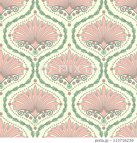 Seamless pattern with pink floral ogee and anthemion geometrical motifs on a cream background Seamless pattern with pink floral ogee and anthemion geometrical motifs on a cream background 113716230