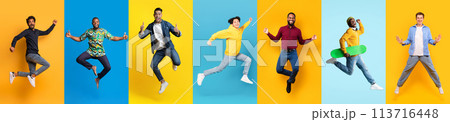 Joyful Group of Young Men Jumping Against Vibrant Colored Backgrounds 113716448