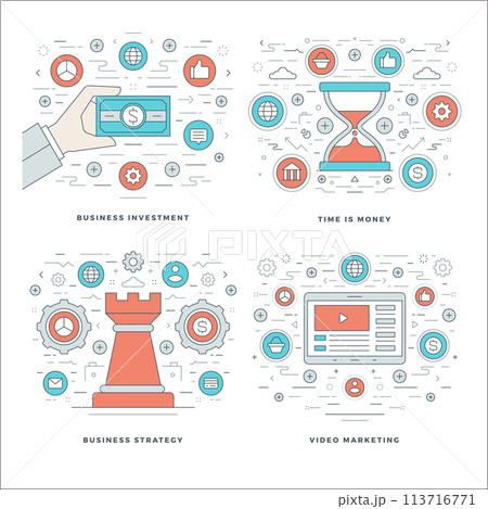 Flat line Strategy, Investment, Time Management Business Concepts Set Vector illustrations. 113716771