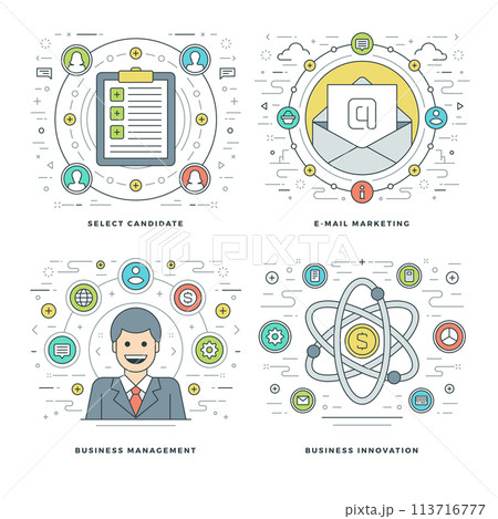 Flat line Management, Employee Search, E-mail Marketing, Business Concepts Set Vector illustrations. Flat line Management, Employee Search, E-mail Marketing, Business Concepts Set Vector illustrations. 113716777