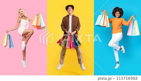 Three Happy Shoppers With Colorful Bags Jumping Against Colorful Backgrounds 113716988