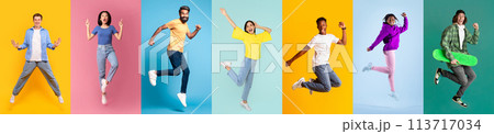 Happy Youth. Diverse Cheerful Multiethnic People Jumping Against Colorful Studio Backgrounds Happy Youth. Diverse Cheerful Multiethnic People Jumping Against Colorful Studio Backgrounds 113717034