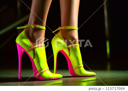 Liquid legs on heels with a neon effect. Night club. Secret life. Retro party. 113717084
