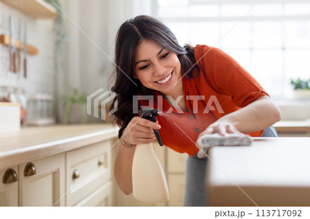 Woman cleaning with spray and cloth kitchen counter 113717092