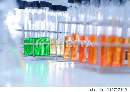 Rows of laboratory test tubes. Scientific glassware for chemical, Laboratory research background. 113717146