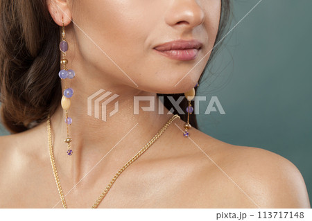 Gold necklace and long earring with blue and purple chalcedony and amethyst stones and pearl 113717148