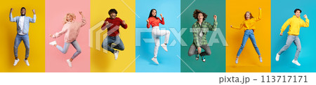 Collage with positive multiracial young people jumping on colorful studio backgrounds Collage with positive multiracial young people jumping on colorful studio backgrounds 113717171