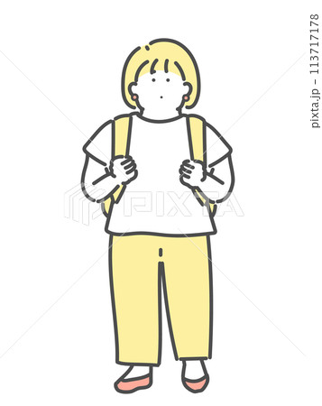 リュックを背負った若い女性イラスト リュックを背負った若い女性イラスト 113717178