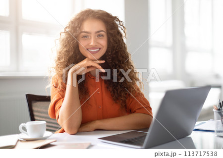 Smiling woman with laptop at a sunny office 113717538