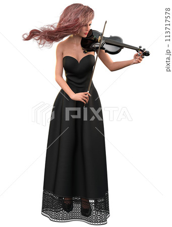3D Woman in black dress play violin 113717578
