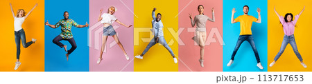 Diverse Overjoyed Young People Jumping On Colorful Backgrounds 113717653