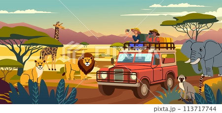 Safari travel. Cartoon African landscape. Savannah adventure. Automobile vacation. Wild animals. Explore expedition trip. Tourists in vehicle. Nature panorama. National park. Vector car tour banner 113717744