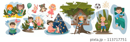 Kids fun. Imagine adventure fantasy. Children read book. Boy playing in treehouse or teepee. Dream world. Childish hobby. Happy girl at swings. Cartoon games. Vector little characters activities set 113717751