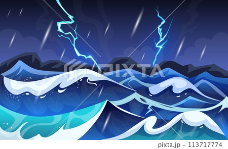 Lightning strike. Sea landscape. Ocean waves. Thunderbolt effect of hitting water. Electric attack. Sky flash. Thunderstorm seascape. Thunder light animation storm. Vector tidy game cartoon background 113717774