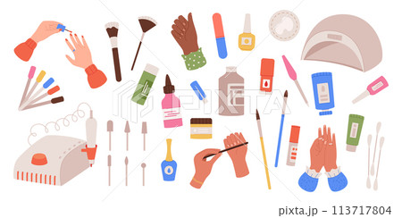 Manicure nail care. Female hand, spa hardware. Woman makeup gel polish finger. Beauty girl care tools, pedicure coating, accessories and equipment scissors brushes and lamp. Vector design garish set 113717804
