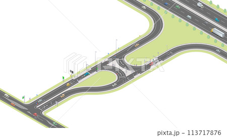 アイソメトリック図法で描いたスマートインターチェンジのイメージ(無地) アイソメトリック図法で描いたスマートインターチェンジのイメージ(無地) 113717876