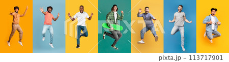 Collage of active energetic young men jumping over gradient colorful studio backgrounds Collage of active energetic young men jumping over gradient colorful studio backgrounds 113717901