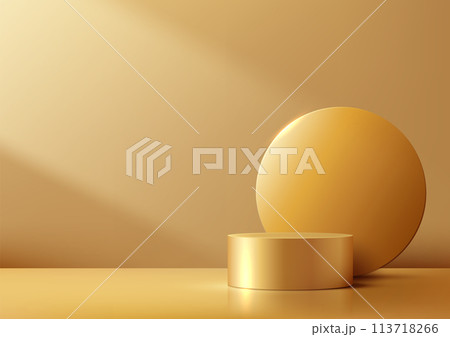 3D gold colored podium with a circle backdrop and light beam onthe wall scene background, Luxury style, Product display, Mockup, Showcase presentation 113718266