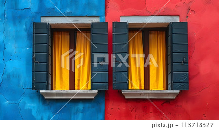 A minimalist illustration of window on the exterior of a building and a wall that plays with bold color contrast. between yellow blue and red Suitable for attracting attention, Communicate a message. A minimalist illustration of window on the exterior of a building and a wall that plays with bold color contrast. between yellow blue and red Suitable for attracting attention, Communicate a message. 113718327