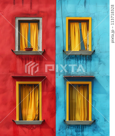 A minimalist illustration of window on the exterior of a building and a wall that plays with bold color contrast. between yellow blue and red Suitable for attracting attention, Communicate a message. A minimalist illustration of window on the exterior of a building and a wall that plays with bold color contrast. between yellow blue and red Suitable for attracting attention, Communicate a message. 113718328