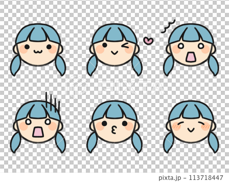 Pigtails and various facial expressions set 113718447