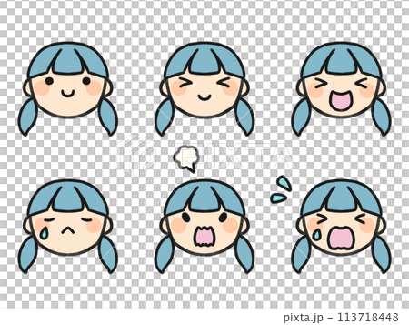 Pigtails and various facial expressions set 113718448