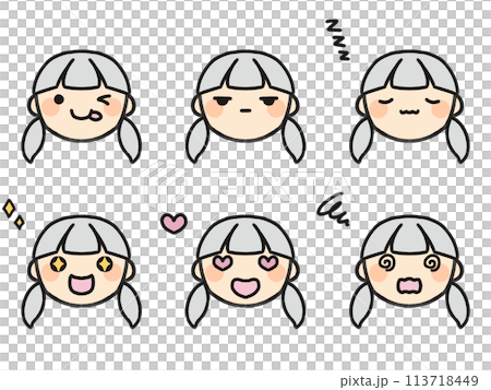 Pigtails and various facial expressions set 113718449