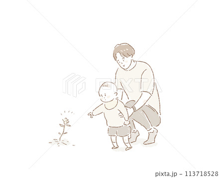 親子、小さい子供を後ろから支える若い男性（父親） 113718528