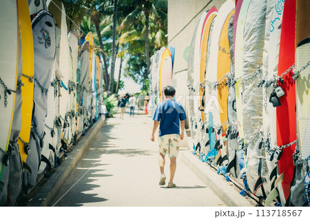 ハワイ、ワイキキビーチにつながるサーフボードの小道 113718567