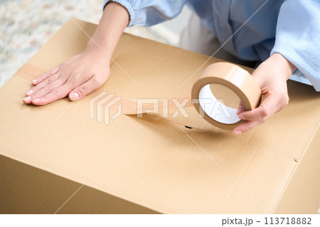 ダンボール箱をガムテープで閉じる 113718882