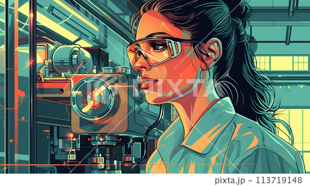 Illustration of a young woman wearing a uniform and safety glasses. Working with machines can use to make campaign posters protect safety, background presenting about the equality of women's rights. 113719148