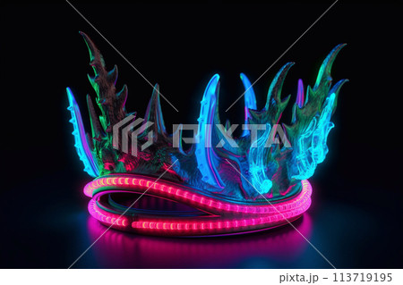 A crown with a neon effect. Assignment of title. Awarding of winners. Beauty contest. 113719195