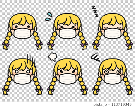 A set of braided hair wearing a mask and various facial expressions 113719349