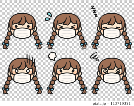 A set of braided hair wearing a mask and various facial expressions A set of braided hair wearing a mask and various facial expressions 113719351