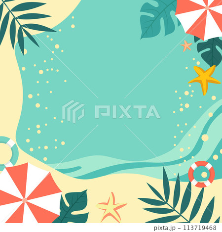 Top View of Summer Beach Pool Frame Background for Holiday Vacation with Leaves Top View of Summer Beach Pool Frame Background for Holiday Vacation with Leaves 113719468