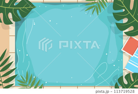 Top View of Swimming Pool Frame Background in Summer Holiday with Leaves and Copy Space 113719528