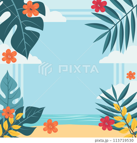 Summer Beach Frame Background with Tropical Leaf Plant and Copy Space 113719530