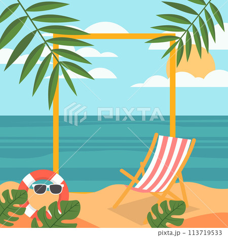 Summer Beach Frame Background with Tropical Leaf Plant and Copy Space 113719533