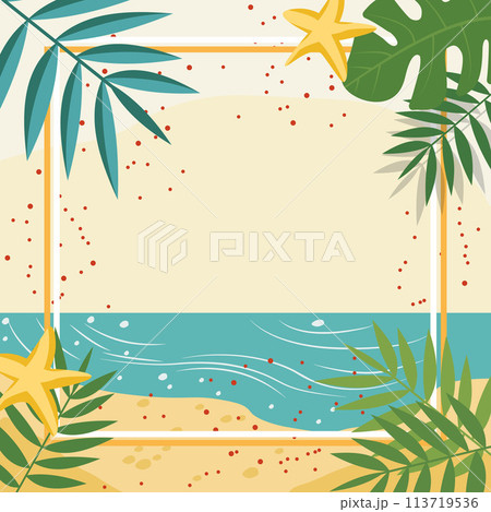 Summer Beach Frame Background with Tropical Leaf Plant and Copy Space 113719536