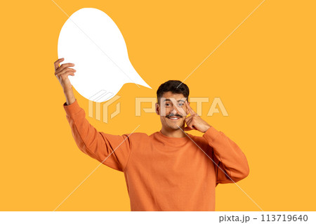 Man with thought bubble making phone gesture Man with thought bubble making phone gesture 113719640