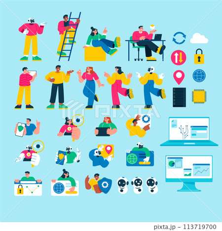 Flat hand drawn data technology elements collection with people and cloud computing elements Flat hand drawn data technology elements collection with people and cloud computing elements 113719700