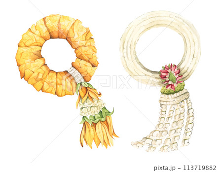Set of Thai garland colorful flower. Watercolor illustration. 113719882