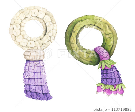 Set of Thai garland colorful flower. Watercolor illustration. Set of Thai garland colorful flower. Watercolor illustration. 113719883