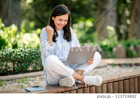 Cheerful woman celebrating success with laptop in park 113719892