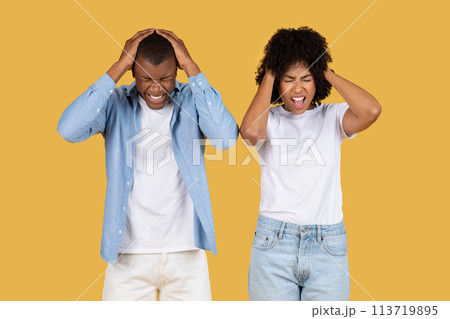 Stressed young couple with hands on their heads, eyes closed, and faces contorted in frustration 113719895