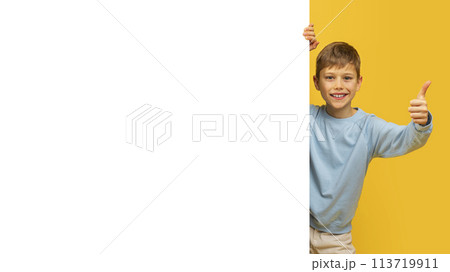 Young boy giving thumbs up with copy space Young boy giving thumbs up with copy space 113719911