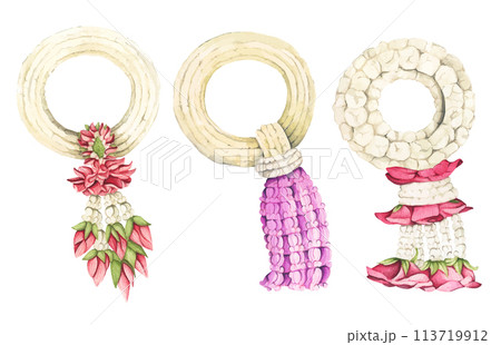 Set of Thai garland colorful flower. Watercolor illustration. 113719912