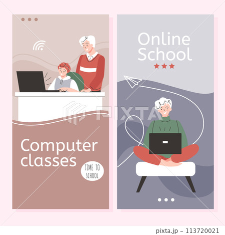 Hand drawn people using technology banners 113720021